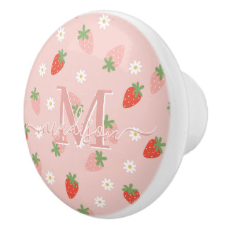 Sweet Pink and Red Strawberries Monogram Ceramic Knob