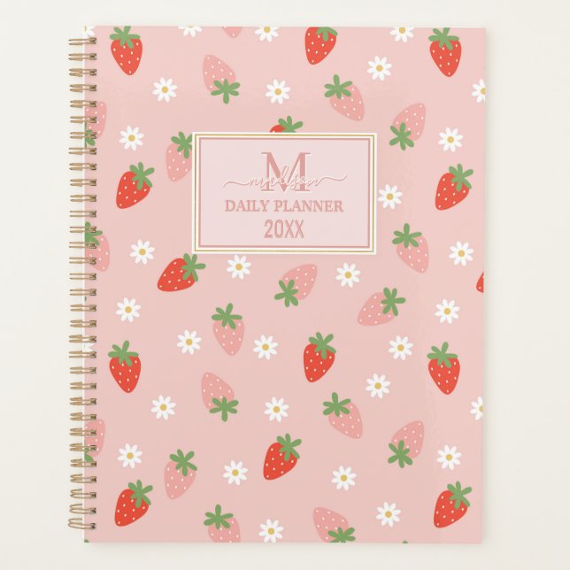 Sweet Pink and Red Strawberries Monogram Daily Planner (Front)