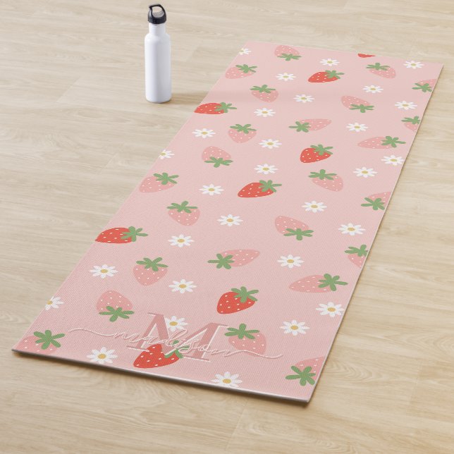 Sweet Pink and Red Strawberries Monogram Yoga Mat (In Situ)