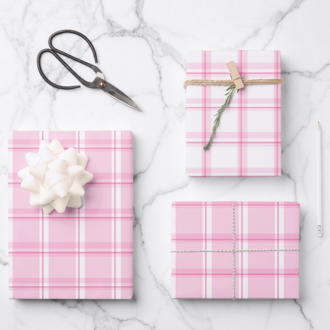 Sweet Pink and White Plaid Patterned Wrapping Paper Sheet (Front)
