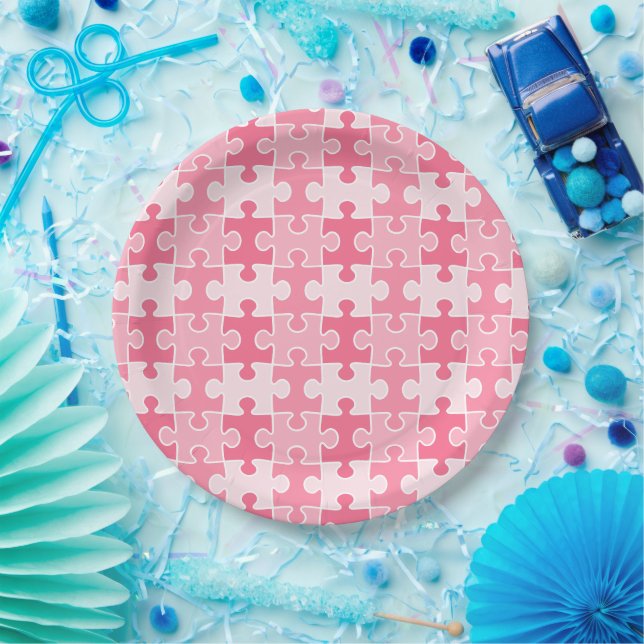 Sweet Pink and White Puzzle Pieces Paper Plate (Party)