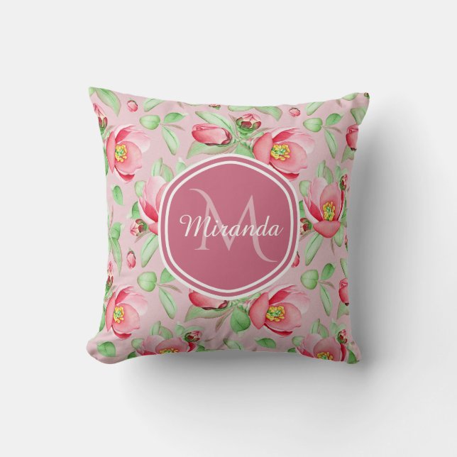 Sweet Pink Apple Blossom Floral With Monogram Cushion (Front)