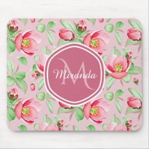 Sweet Pink Apple Blossom Floral With Monogram Mouse Mat