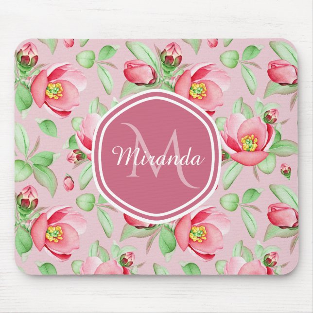 Sweet Pink Apple Blossom Floral With Monogram Mouse Mat (Front)