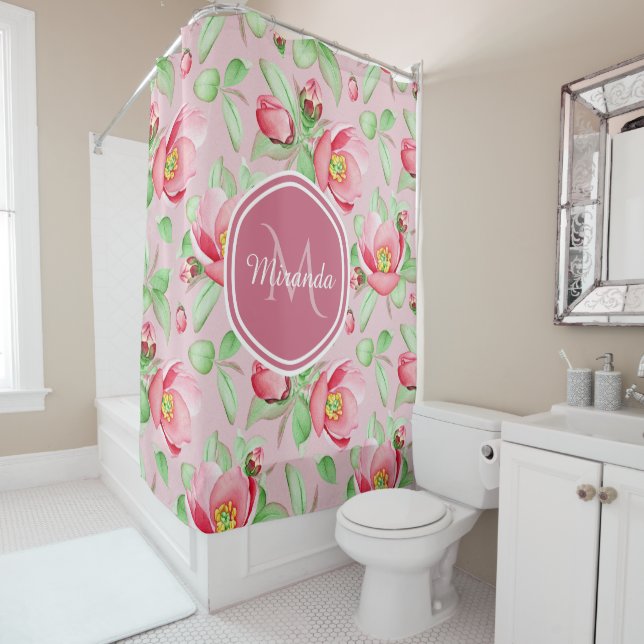 Sweet Pink Apple Blossom Floral With Monogram Shower Curtain (In Situ)