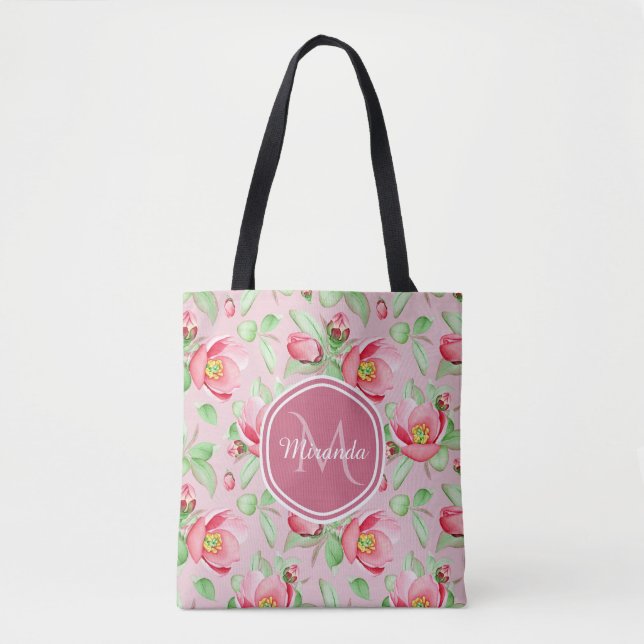 Sweet Pink Apple Blossom Floral With Monogram Tote Bag (Front)