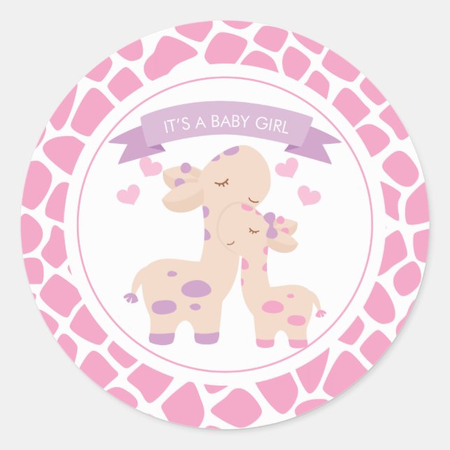 Sweet Pink Baby Girl Giraffe Jungle Baby Shower Classic Round Sticker (Front)