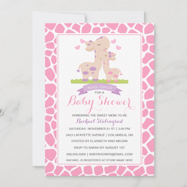 Sweet Pink Baby Girl Giraffe Jungle Baby Shower Invitation (Front)