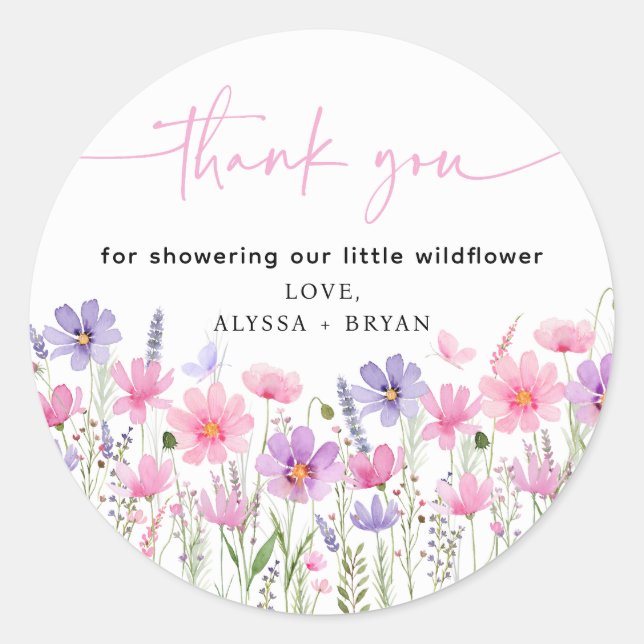 Sweet Pink Baby in Bloom Wildflower Baby Shower Classic Round Sticker (Front)