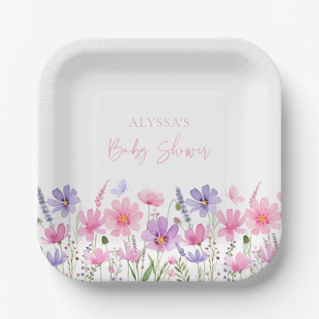 Sweet Pink Baby in Bloom Wildflower Baby Shower Paper Plate (Front)