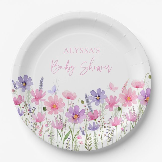 Sweet Pink Baby in Bloom Wildflower Baby Shower Paper Plate (Front)
