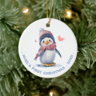 Sweet Pink Baby Penguin   Baby's First Christmas Ceramic Tree Decoration