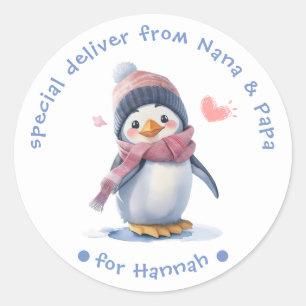 Sweet Pink Baby Penguin Christmas Label for Kids