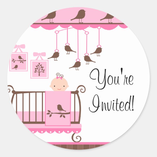 Sweet Pink Baby Room You're Invited Sticker (Front)