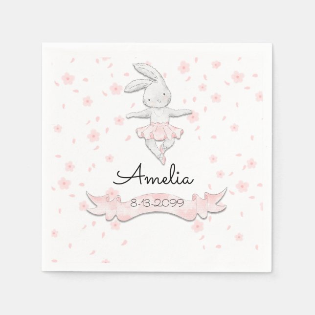 Sweet Pink Ballerina Bunny First Birthday Floral Napkin (Front)