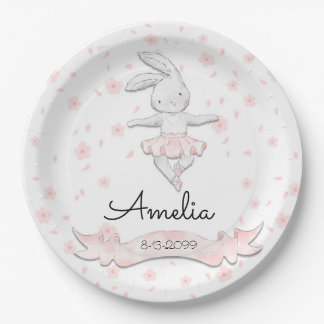 Sweet Pink Ballerina Bunny First Birthday Floral Paper Plate