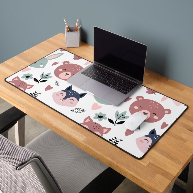 Sweet Pink Bear Fox And Bunny Forest Desk Mat (Office 2)