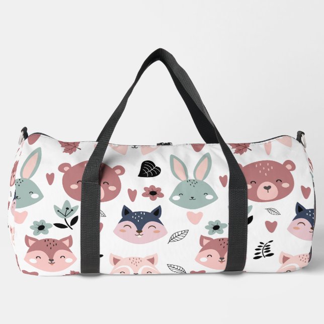 Sweet Pink Bear Fox And Bunny Forest Duffle Bag (Front)