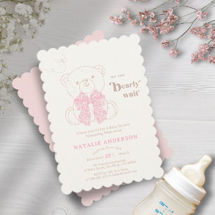 Sweet Pink Bear We Can Bearly Wait Baby Shower Invitation