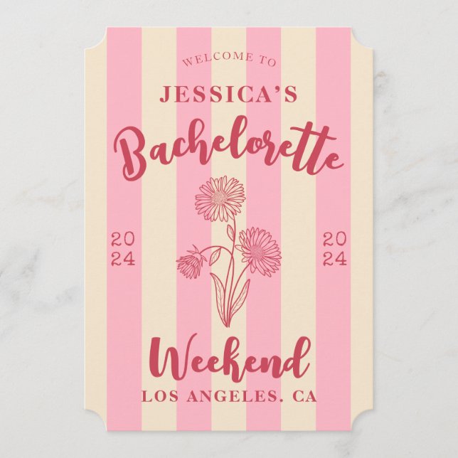 Sweet Pink Beige Striped Bachelorette Birth Flower Invitation (Front)