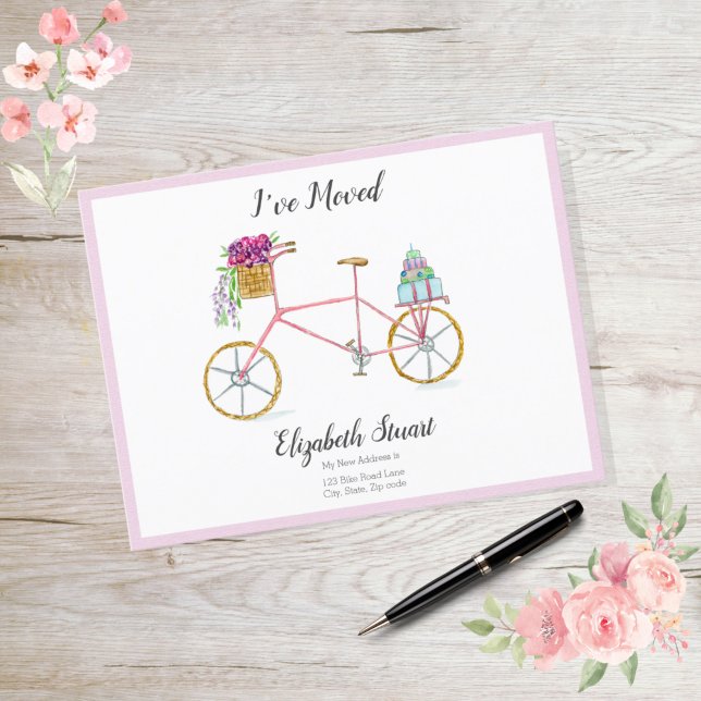 Sweet Pink Bike With Flowers Packages I've Moved Announcement Postcard (Creator Uploaded)