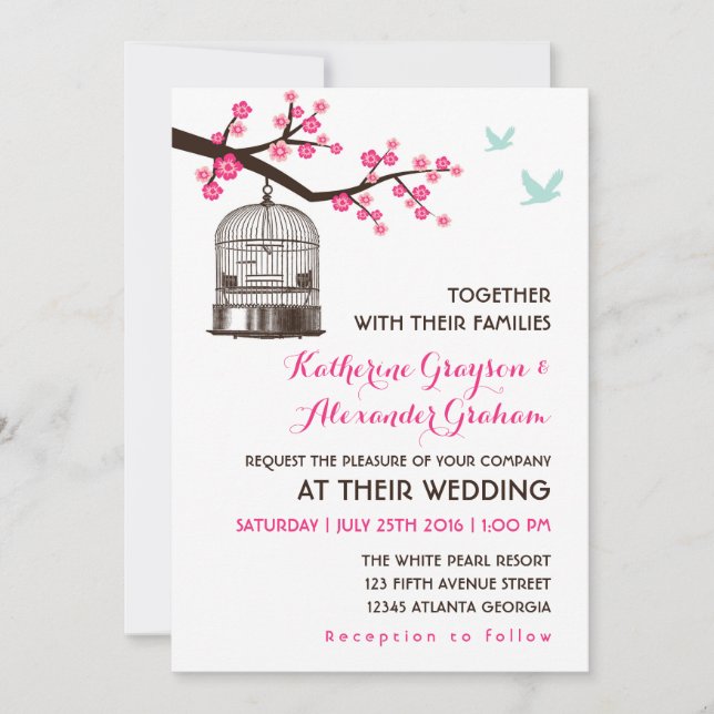 Sweet Pink Bird Cage Flower Wedding Invitation (Front)