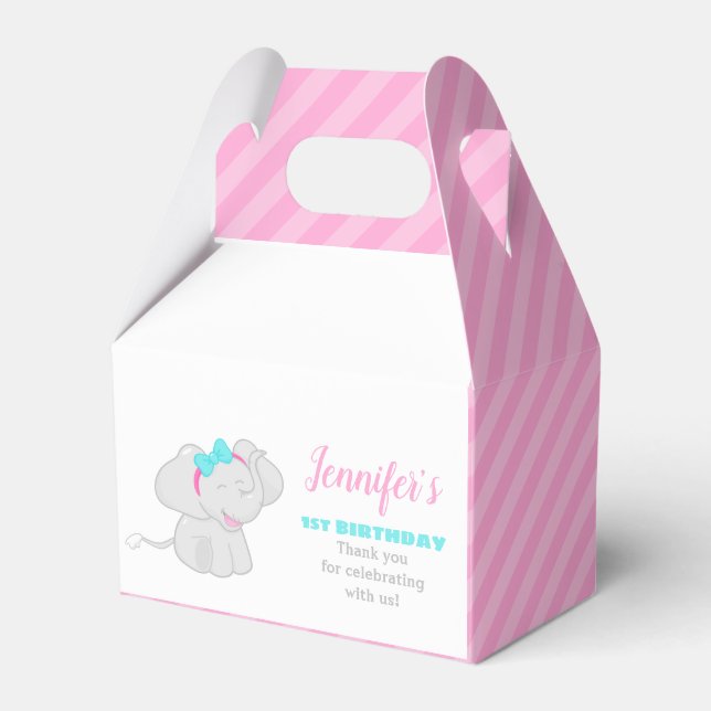 Sweet Pink Birthday Favour Box with Elephant (Front Side)