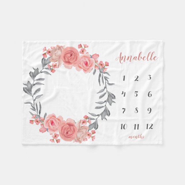 Sweet Pink Blush Floral Wreath Baby Girl Milestone Fleece Blanket (Front (Horizontal))