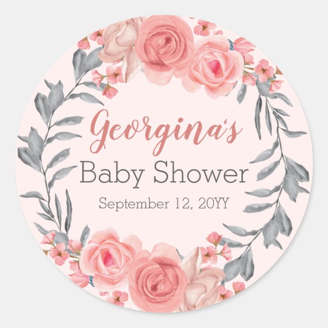 Sweet Pink Blush Floral Wreath Girl Baby Shower Classic Round Sticker (Front)
