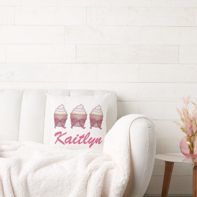 Sweet Pink Bow Cupcake Cake Personalised Name Cushion (Couch)