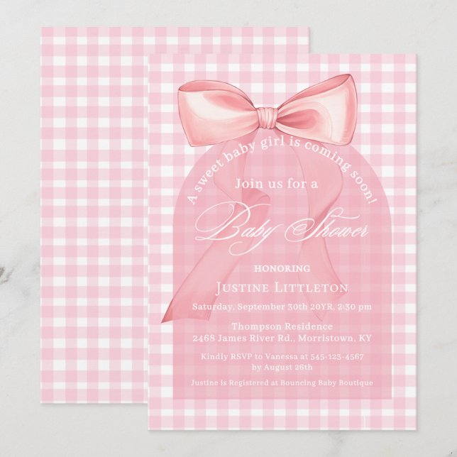 Sweet Pink Bow Gingham Arch Girl Baby Shower Invitation (Front/Back)