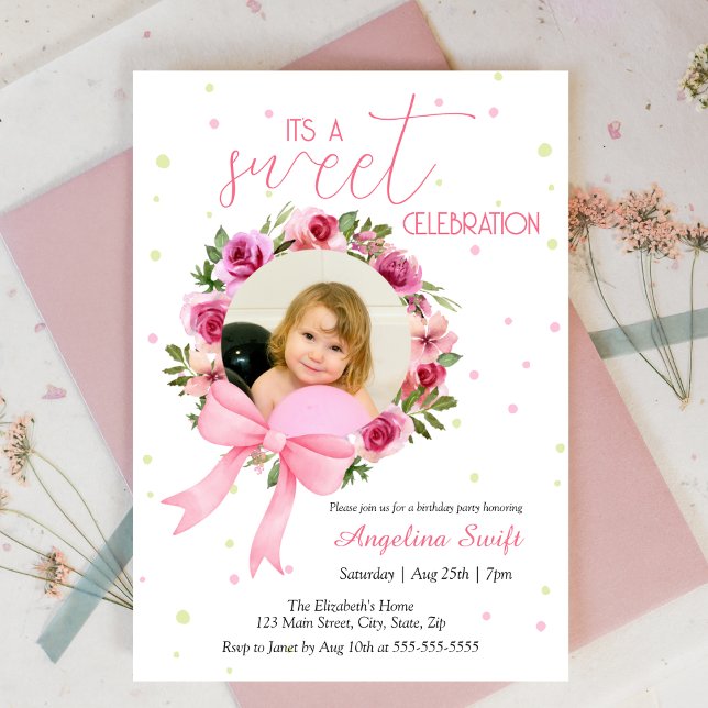 Sweet Pink Bow Rose Floral Photo Birthday Invitation (Creator Uploaded)