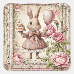 Sweet pink bunny birthday square sticker