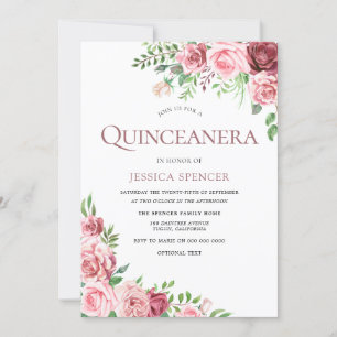 Sweet Pink & Burgundy Roses Quinceanera Invite
