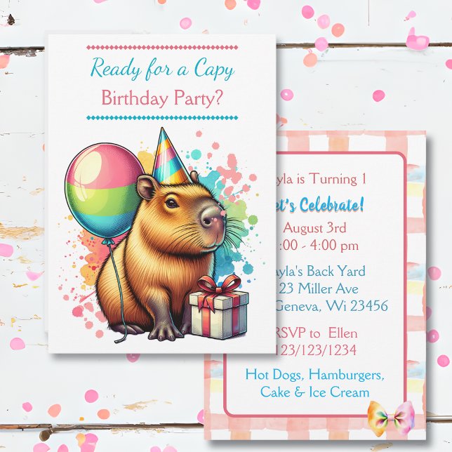 Sweet Pink Capybara Themed Girl's Birthday Party Invitation (Creator Uploaded)