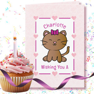 Sweet Pink Cat Cartoon Adorable Kitten Birthday Card
