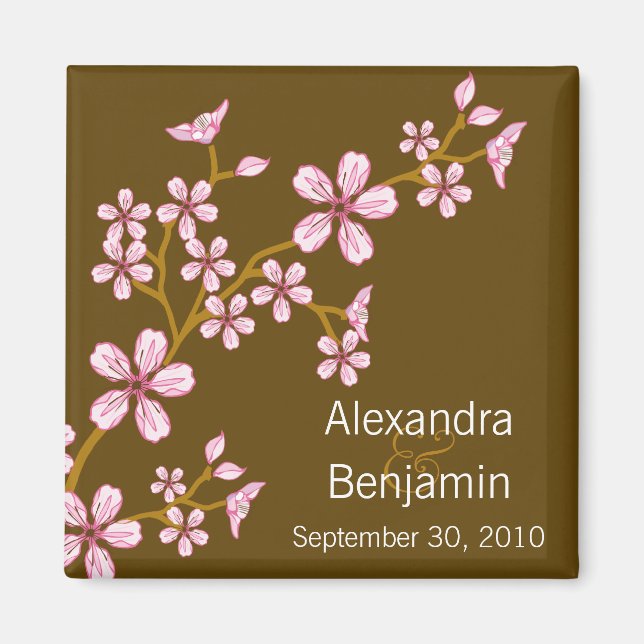Sweet Pink Cherry Blossom Wedding Magnet Favour (Front)