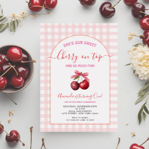 Sweet Pink Cherry On Top First Birthday Invitation