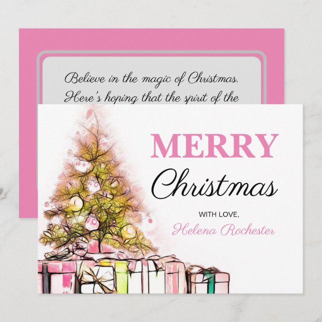 Sweet Pink Christmas Tree & Presents Holiday Card (Front/Back)