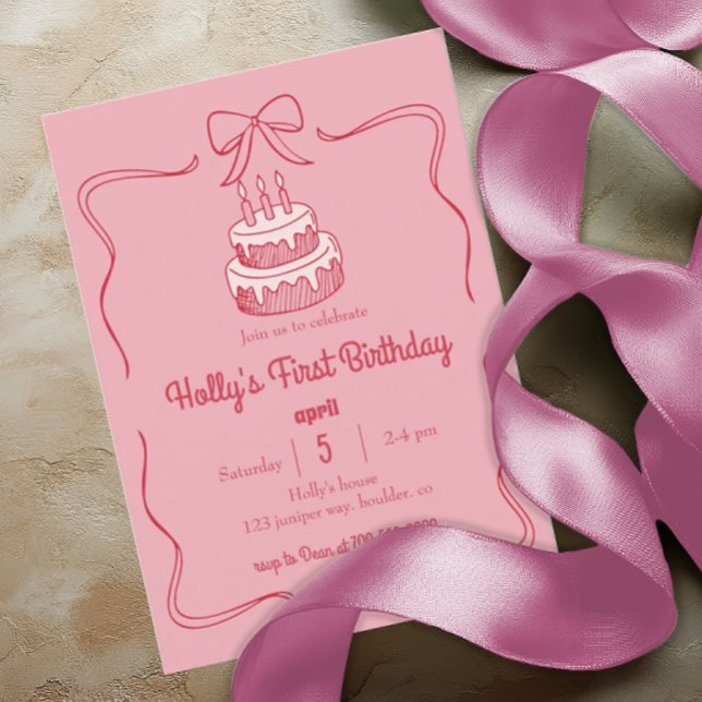 Sweet Pink Coquette Bow 1st Birthday Round Cake Invitation (Creator Uploaded)