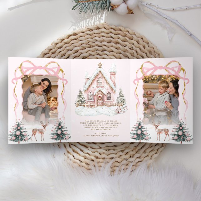 Sweet Pink Coquette Bow Christmas Wonderland Photo Tri-Fold Holiday Card (Inside)