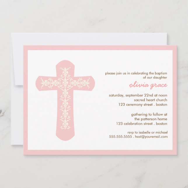 Sweet Pink Cross Baptism Christening Invitation (Front)
