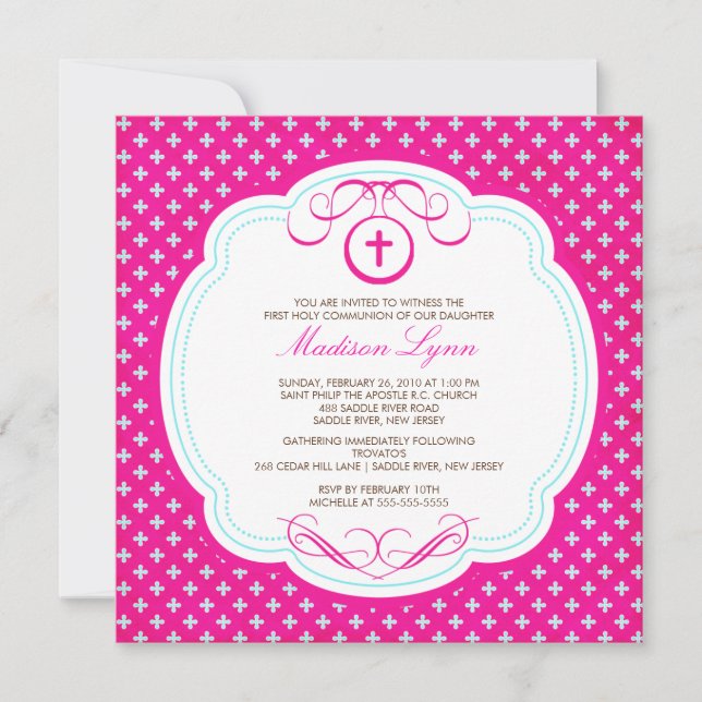 Sweet Pink Cross Girl Communion Invitation (Front)