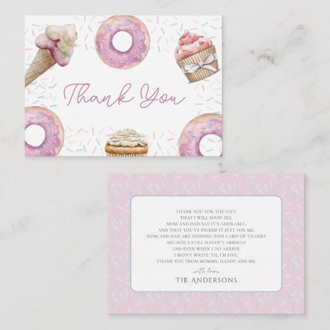Sweet Pink Cupcake & Doughnut Baby Shower Thank Yo Card (Front/Back)