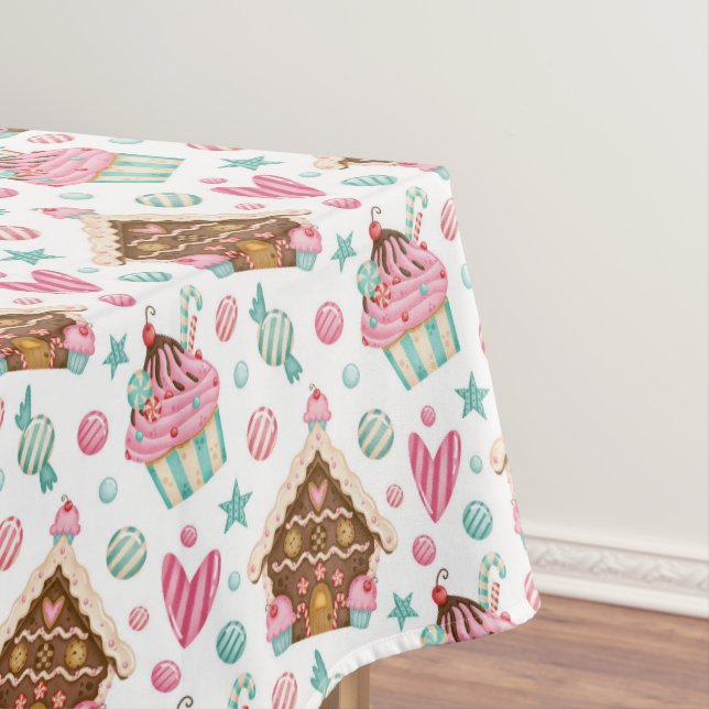 Sweet Pink Cupcakes And Gingerbread Houses Tablecloth (In Situ)