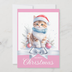 Sweet Pink Cute Christmas Cat Xmas Greeting Holiday Card