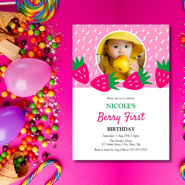 Sweet Pink Cute Strawberry Girl Photo 1st Birthday Invitation (Creator Uploaded)