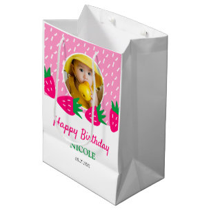 Sweet Pink Cute Strawberry Girl Photo Birthday Medium Gift Bag