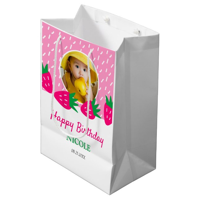 Sweet Pink Cute Strawberry Girl Photo Birthday Medium Gift Bag (Front Angled)