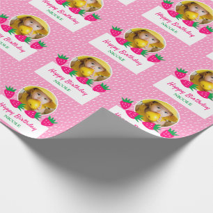 Sweet Pink Cute Strawberry Girl Photo Birthday Wrapping Paper